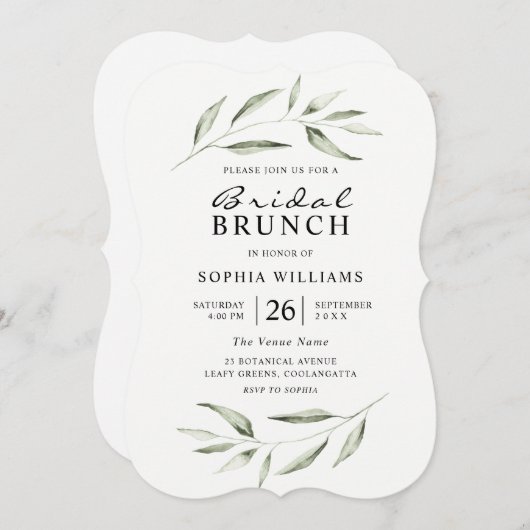 Einfaches, modernes Greenery Leaf Brautparty Brunc Einladung (Vorne/Hinten)