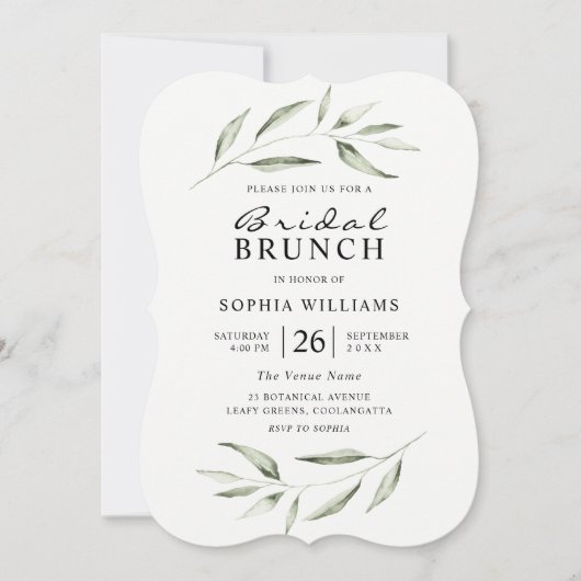 Einfaches, modernes Greenery Leaf Brautparty Brunc Einladung (Vorderseite)