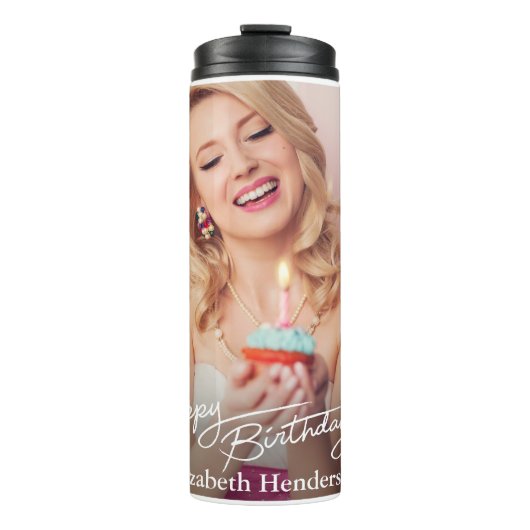 Einfaches modernes Happy Birthday Foto Thermosbecher (Vorderseite)