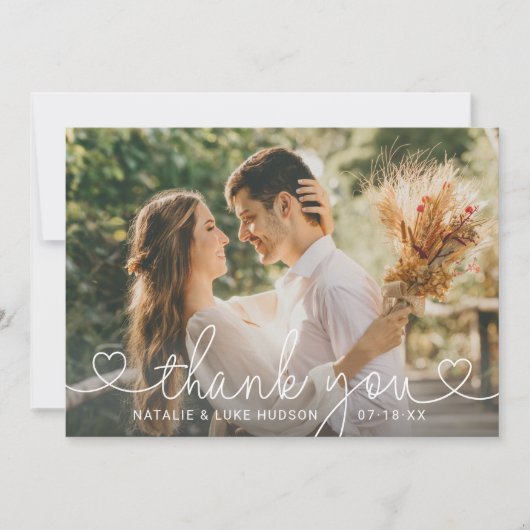 Einfaches modernes Heart Script-Hochzeitsskript-Fo Dankeskarte (Vorderseite)