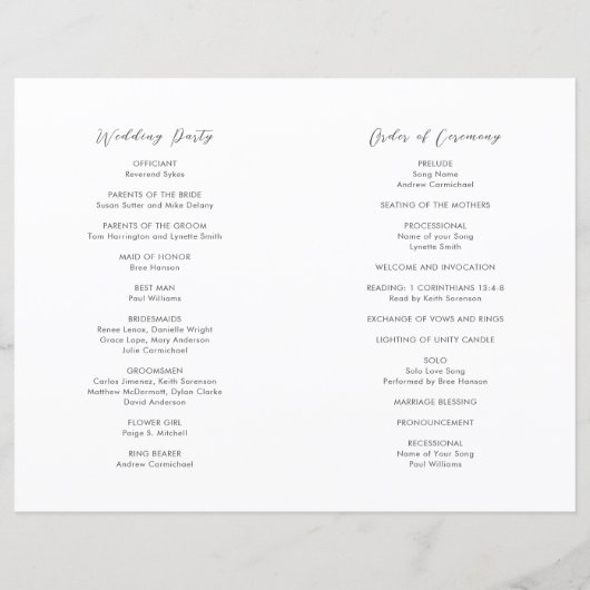 Einfaches modernes Hochzeitsprogramm (Rückseite)