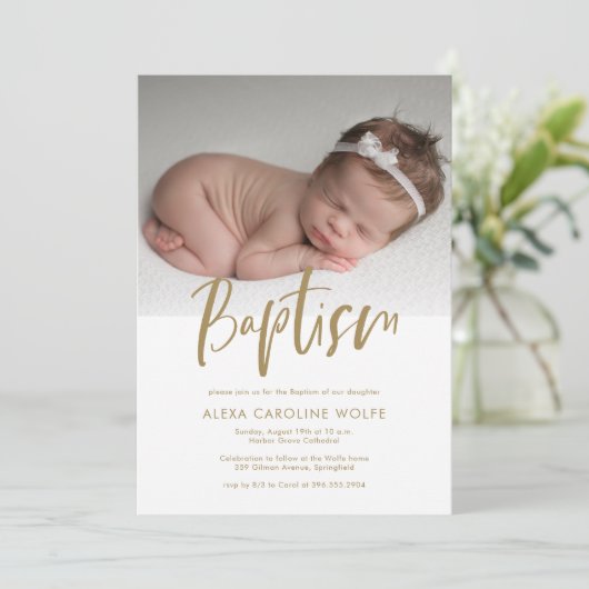 Einfaches modernes Kalligrafie-Taufbein-Foto Einladung (Stehend Vorderseite)