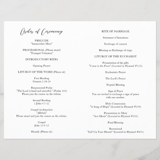 Einfaches, modernes katholisches Hochzeitsprogramm (Hinten)