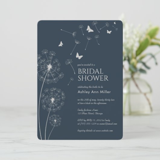 Einfaches, modernes Navy Blue Dandela Brautparty Einladung (Stehend Vorderseite)