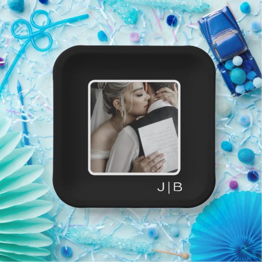 Einfaches modernes Schwarz-Weiß-Monogramm-Foto Pappteller (Party)