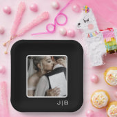 Einfaches modernes Schwarz-Weiß-Monogramm-Foto Pappteller (Party)