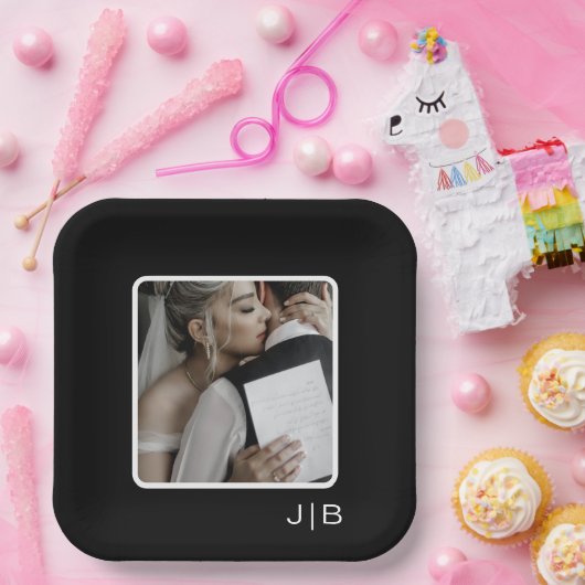 Einfaches modernes Schwarz-Weiß-Monogramm-Foto Pappteller (Party)