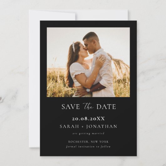 Einfaches, modernes Schwarzes Skript-Save the Date Einladung (Vorderseite)