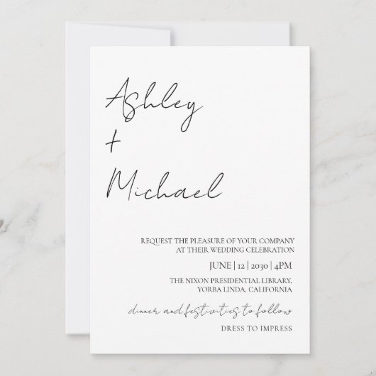 Einfaches, modernes Script Dress Code Foto Wedding Einladung (Vorderseite)