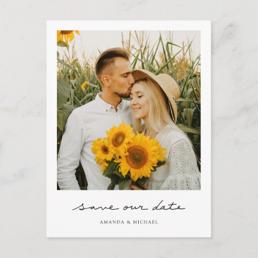 Einfaches modernes Script-Foto Save the Date Hochz Ankündigungspostkarte (Vorderseite)