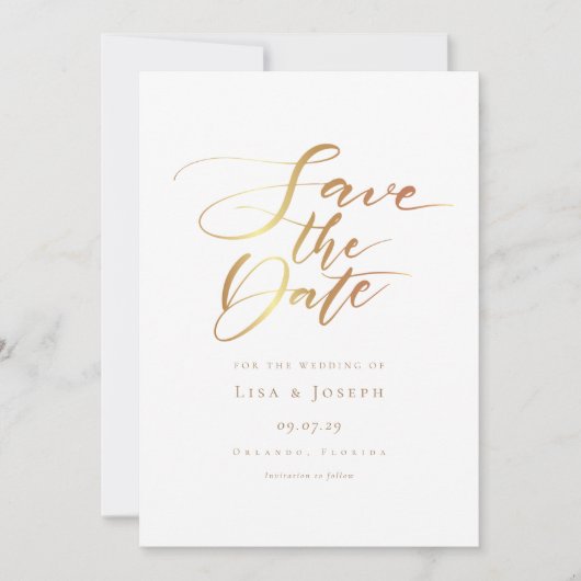 Einfaches, modernes Script Gold Save The Date (Vorderseite)