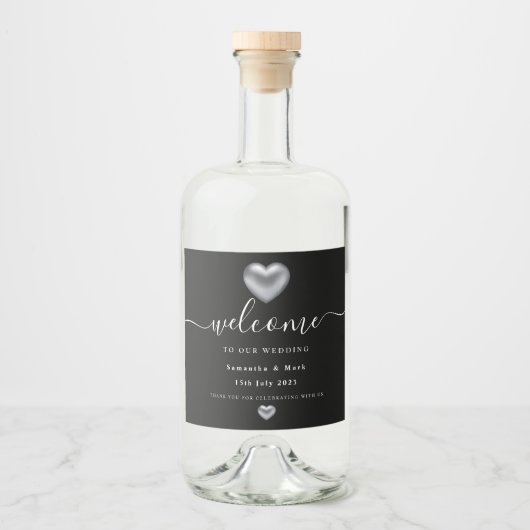 Einfaches, modernes Silberherz-Hochzeitweiliges We Alkoholflaschenetikett (Vorderseite)