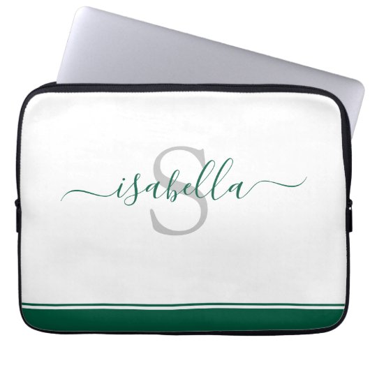 Einfaches modernes Skript-Monogramm Smaragdgrün Laptopschutzhülle (Vorderseite)