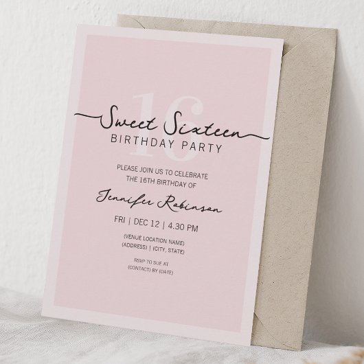 Einfaches modernes Skript Sweet 16 Rosa Einladung
