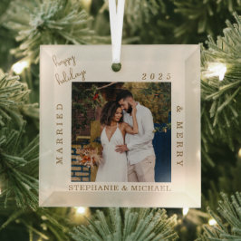 Einfaches modernes Verheiratet & Froh Gold Schrift Ornament Aus Glas