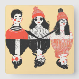 Einfaches, modernes zeichn cooler junger Menschen Quadratische Wanduhr