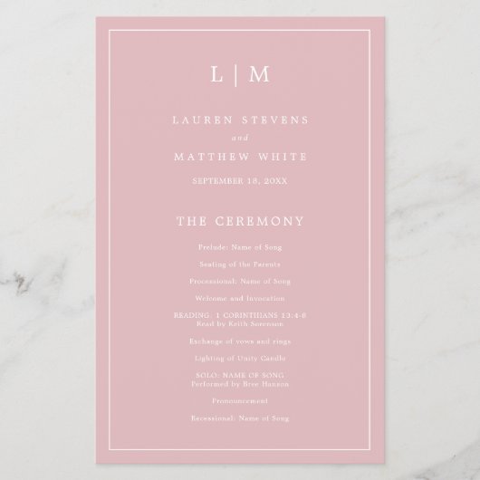 Einfaches Mongram Dusty Rose Hochzeitsprogramm (Vorne)