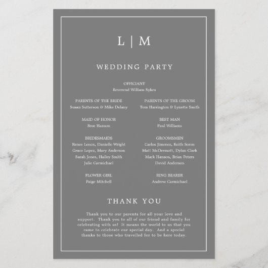Einfaches Mongram Graues Budget Hochzeitsprogramm (Hinten)