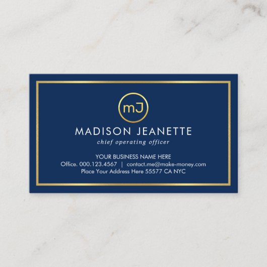 Einfaches Monogramm auf goldenem Rahmen mit blauer Visitenkarte (Vorderseite)