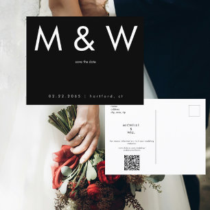 Einfaches Monogramm B/W QR-Code Save Date Ankündigungspostkarte