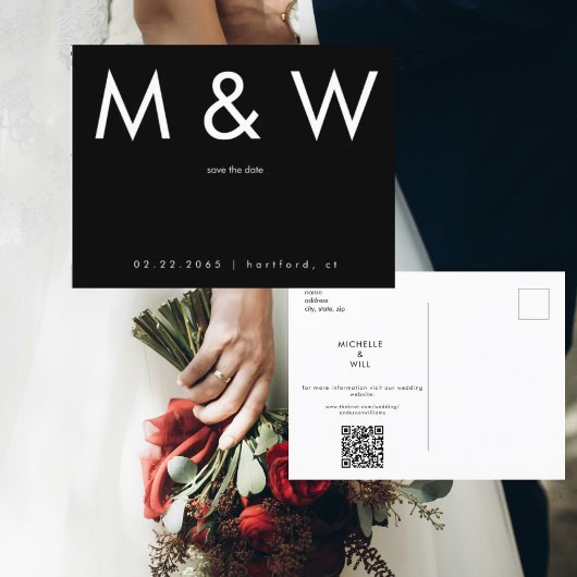 Einfaches Monogramm B/W QR-Code Save Date Ankündigungspostkarte