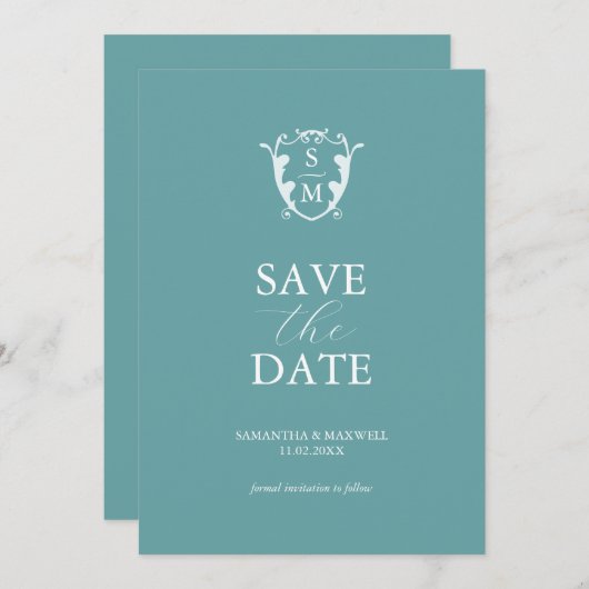 Einfaches Monogramm Blau Save the Date (Vorne/Hinten)