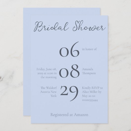 Einfaches Monogramm Minimalistisch Beau Blue Braut Einladung (Vorne/Hinten)