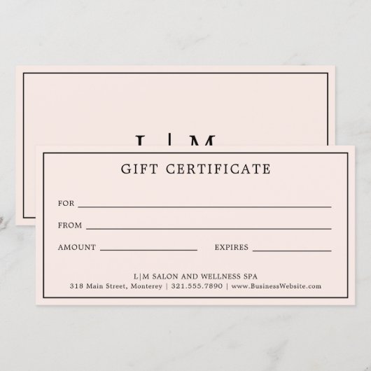 Einfaches Monogramm rosa Blush-Geschenkgutschein (Vorne/Hinten)