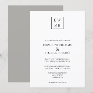 Einfaches Monogramm Weiße und Graue Hochzeit Einladung
