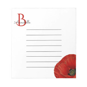 Einfaches monogrammiertes rotes Mohnblumenmuster  Notizblock