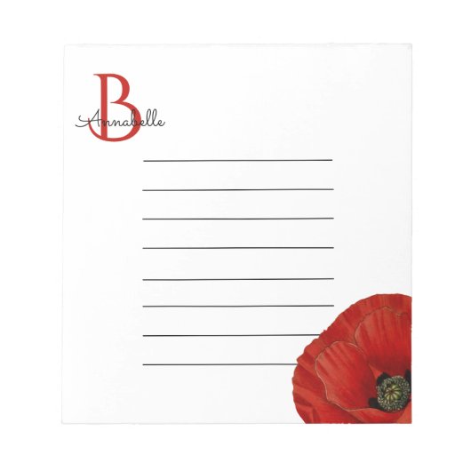 Einfaches monogrammiertes rotes Mohnblumenmuster Notizblock (Vorderseite)