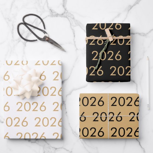 Einfaches Muster 2026 jedes Jahr Gold Weiß Schwarz Geschenkpapier Set (Vorderseite)