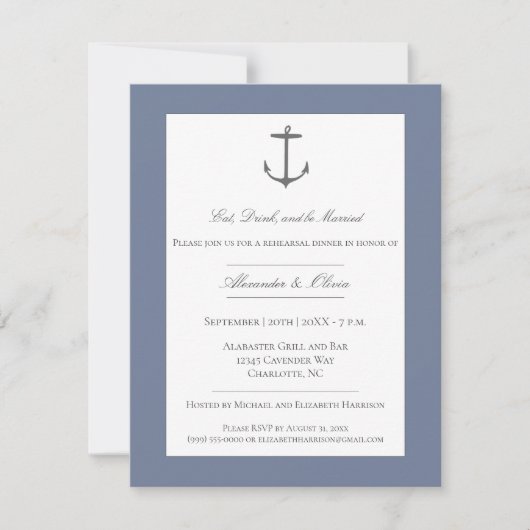 Einfaches Nautical Anchor Probe Dinner Blue Einladung (Vorderseite)