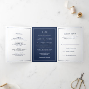 Einfaches Navy Blau Monogramm Elegante Hochzeit Dreifach Gefaltete Einladung