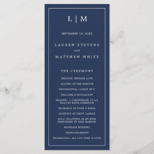 Einfaches Navy Blau Monogramm Elegante Hochzeit Programm