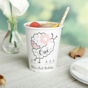 Einfaches Niedlich Jumping Lamm 1. Geburtstag Pink Pappbecher