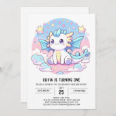 Einfaches Niedliches Drachen 1. Geburtstag Einladung (Vorne/Hinten)