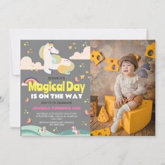 Einfaches Niedliches Girl Foto Unicorn Erstgeburte Einladung