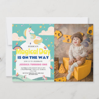 Einfaches Niedliches Girl Foto Unicorn Erstgeburte Einladung