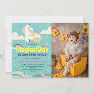 Einfaches Niedliches Girl Foto Unicorn Erstgeburte Einladung