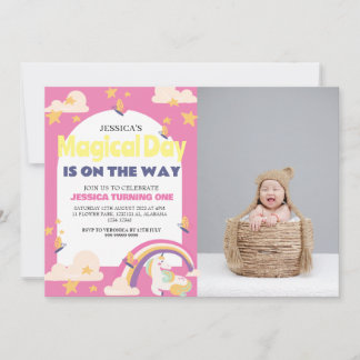 Einfaches Niedliches Girl Foto Unicorn Erstgeburte Einladung