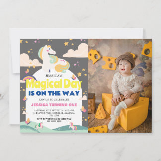 Einfaches Niedliches Girl Foto Unicorn Erstgeburte Einladung