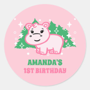 Einfaches Niedliches Hippo Pink 1. Geburtstag Part Runder Aufkleber