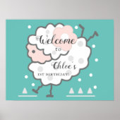 Einfaches Niedliches SprungLamm 1. Geburtstag Cyan Poster (Vorne)