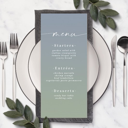 Einfaches Ombre Dusty Blue & Green Wedding Menu Menükarte