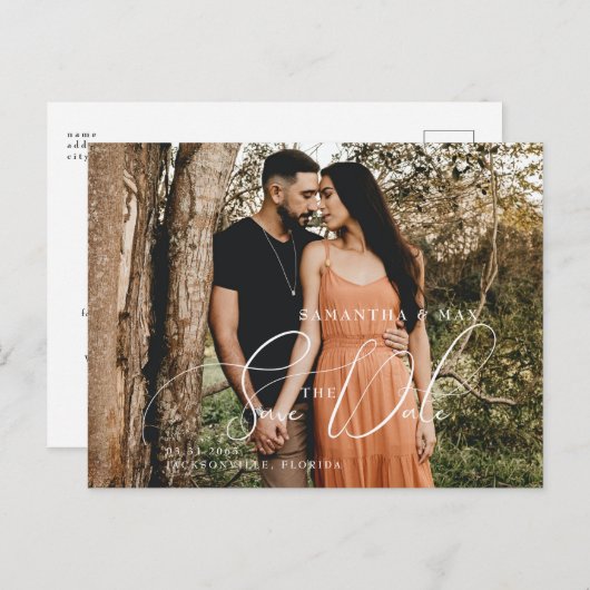 Einfaches Paar mit zwei Fotos Elegant Save the Dat Postkarte (Vorne/Hinten)