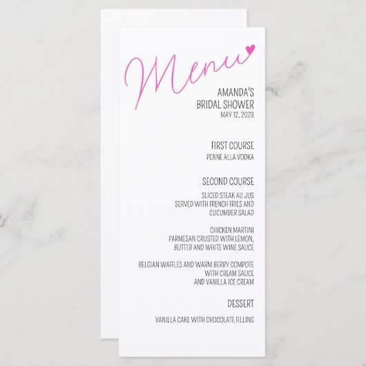 Einfaches Pink-Kalligrafie-Brautparty Menükarte (Vorne/Hinten)