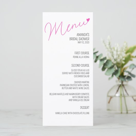 Einfaches Pink-Kalligrafie-Brautparty Menükarte (Stehend Vorderseite)