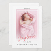 Einfaches Pink Script Neugeborenes Foto Geburt Ankündigung (Vorne/Hinten)