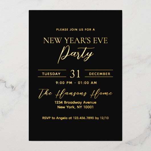 Einfaches Premium Gold und Black New Year's Silver Folieneinladung (Vorderseite)
